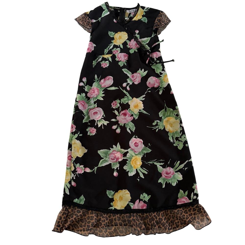 VTG Y2K 2000s Floral Leopard Print Ruffle Babydoll Maxi Dress Girls One Size